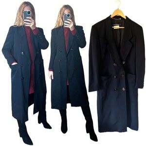 Vintage Louis Feraud Double Breasted 100% New Wool Black Trench Coat Jacket